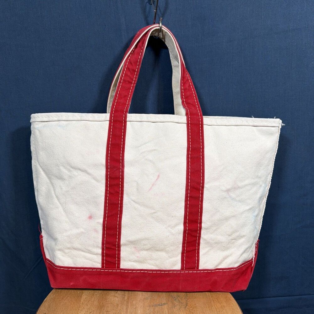 Vintage LL Bean Boat And Tote Bag Natural Red Medium Canvas Bag 90s
